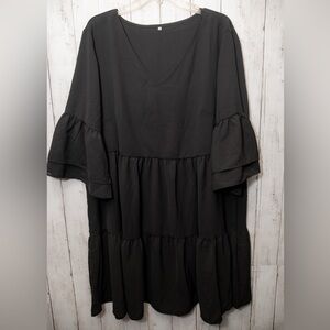 Women’s Black Midi Tiered Dress - V-Neck, Ruffled Sleeves